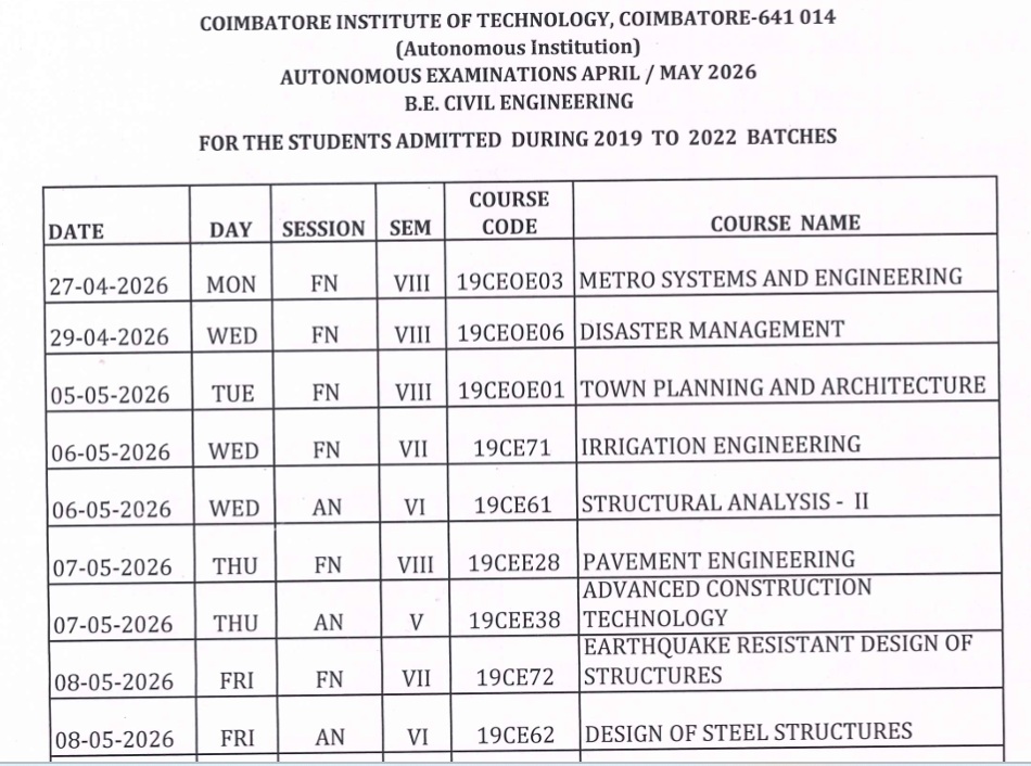 EXAM TIME TABLE APRIL-MAY 2026